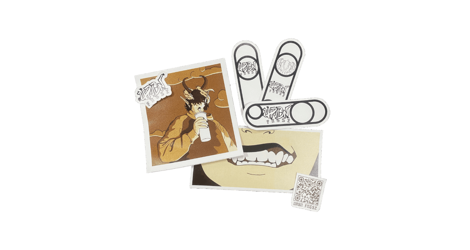 Arrangement of 7 stickers for URBN FNTSY (read: urban fantasy). 1 logo, 1 panel from comic of character sipping drink, 3 different mini skateboard designs, 1 panel from comic of character's mouth grinning, 1 QR code that will take user to behance profile.