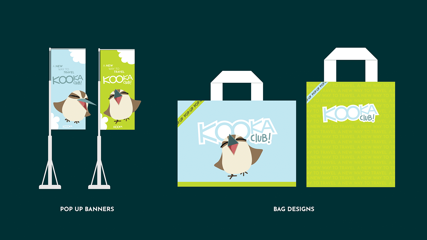 Vector designs of KOOKA branded bags and flags.