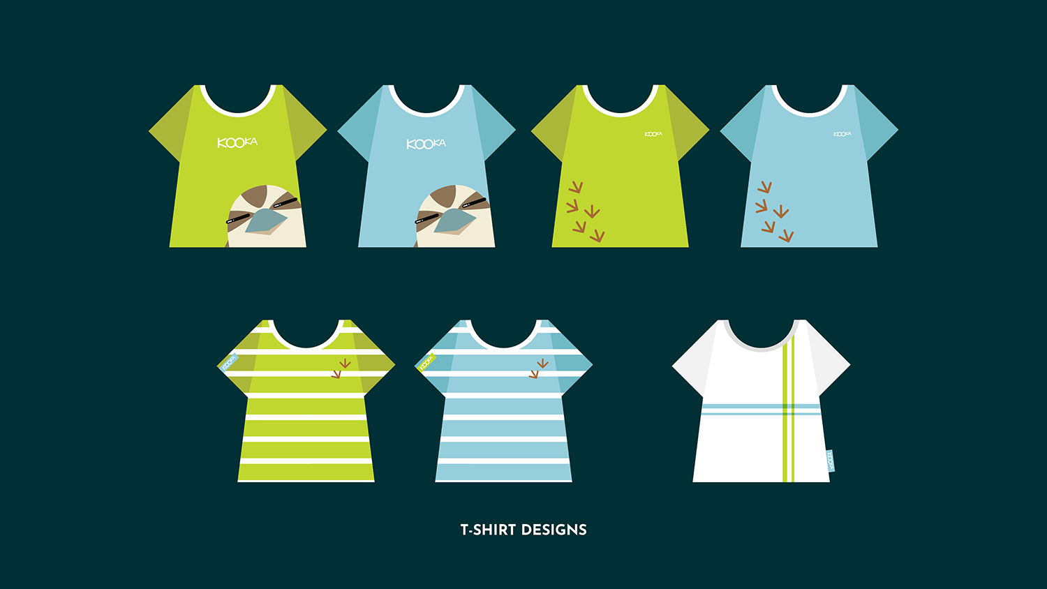 Vector designs of KOOKA branded t-shirts in green and blue. 
