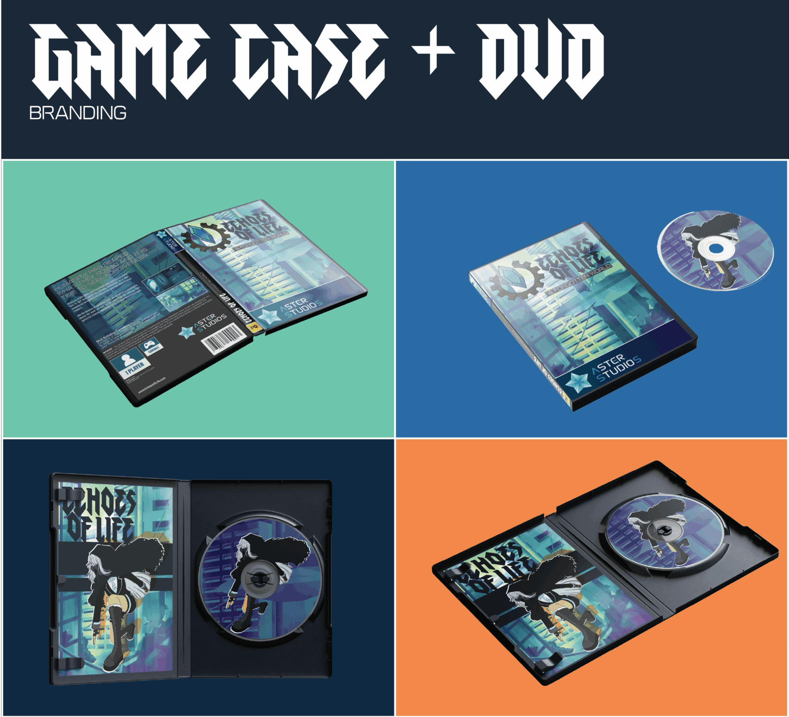 Echoes Of Life game case with the DVD inside and an attached pamphlet. Shows the front, back, and inside at different angles.