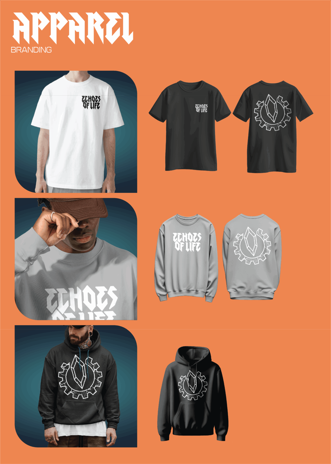 Echoes Of Life apparel. Includes a black t-shirt, grey sweater, and a black hoodie. Has the logo on it all.