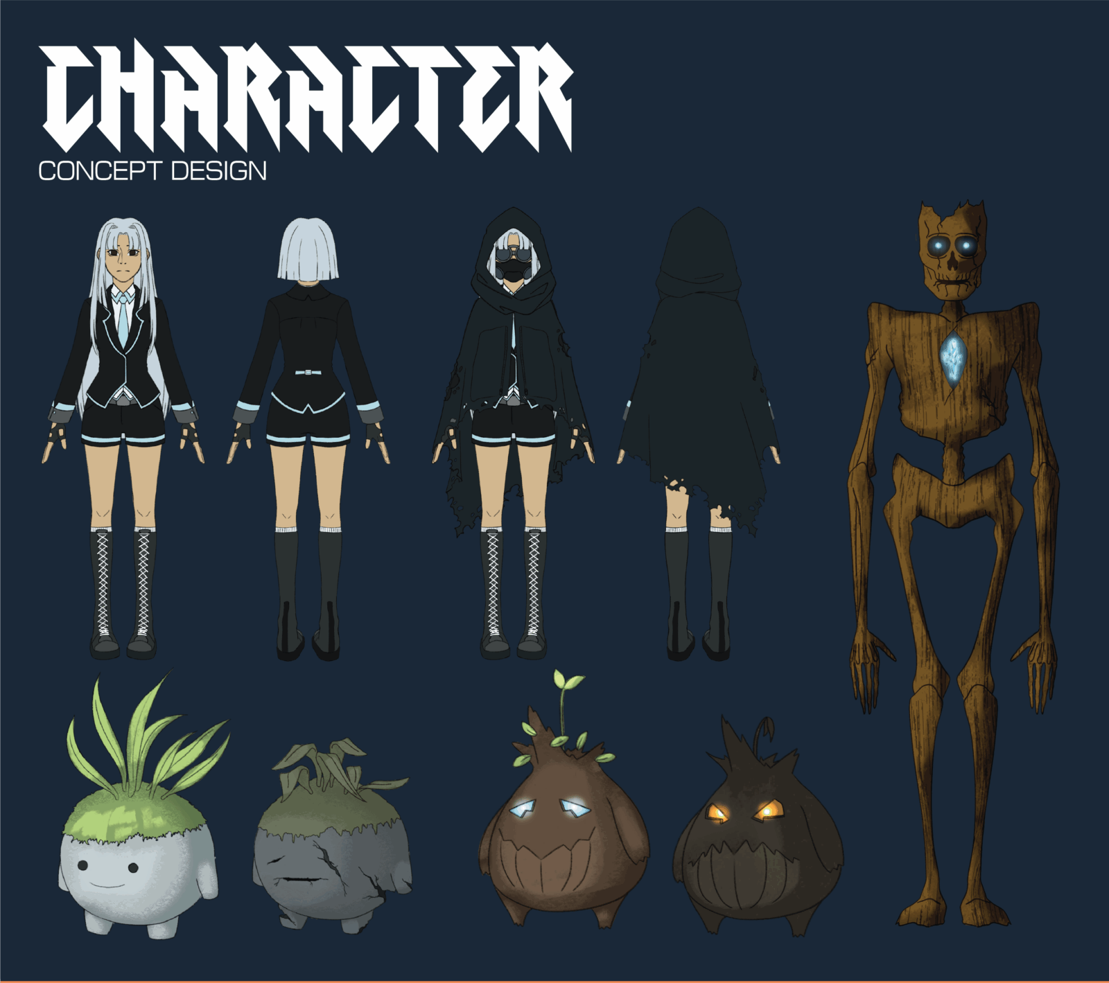 Concept design of characters in Echoes Of Life. Has a human, small monsters, and a large tree-like one.