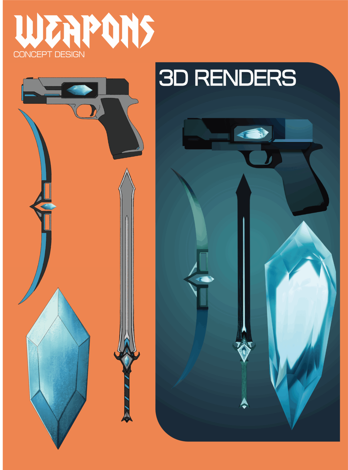 2D and 3D renders of weapon designs for Echoes Of Life. Has a gun, sword, and a bladed boomerang.