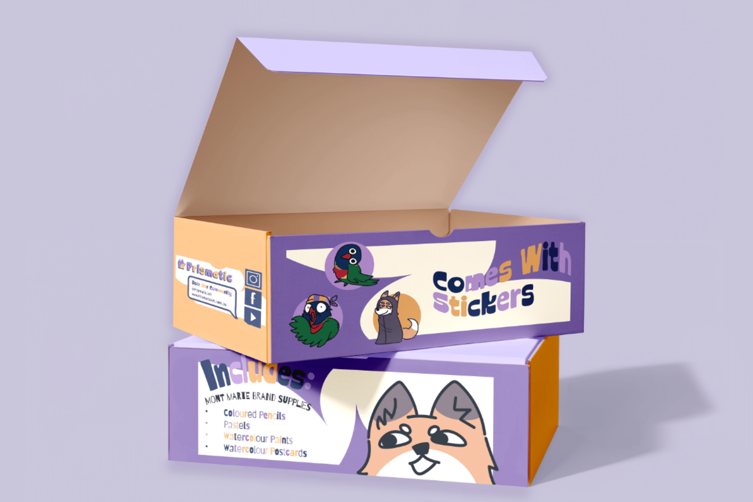 Two boxes stacked on top of each other, displaying information relevant to the creative hamper.