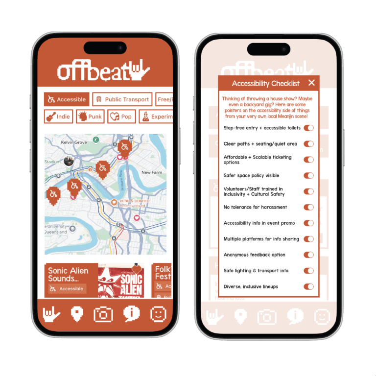 Two frames of the app demonstrating built-in accessibility features. On the left, the accessibility map feature is shown, while on the right, the organiser accessibility checklist is shown.