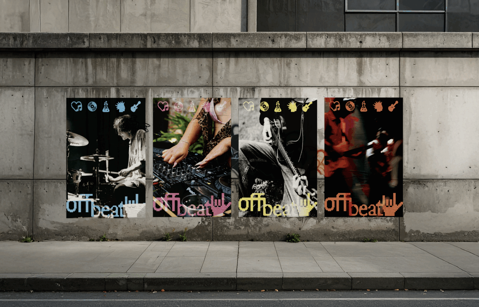 Mockup of 4 Offbeat posters on a concrete wall in the street. The posters from left to right have an image of a drummer, dj, guitarist and a rock band.