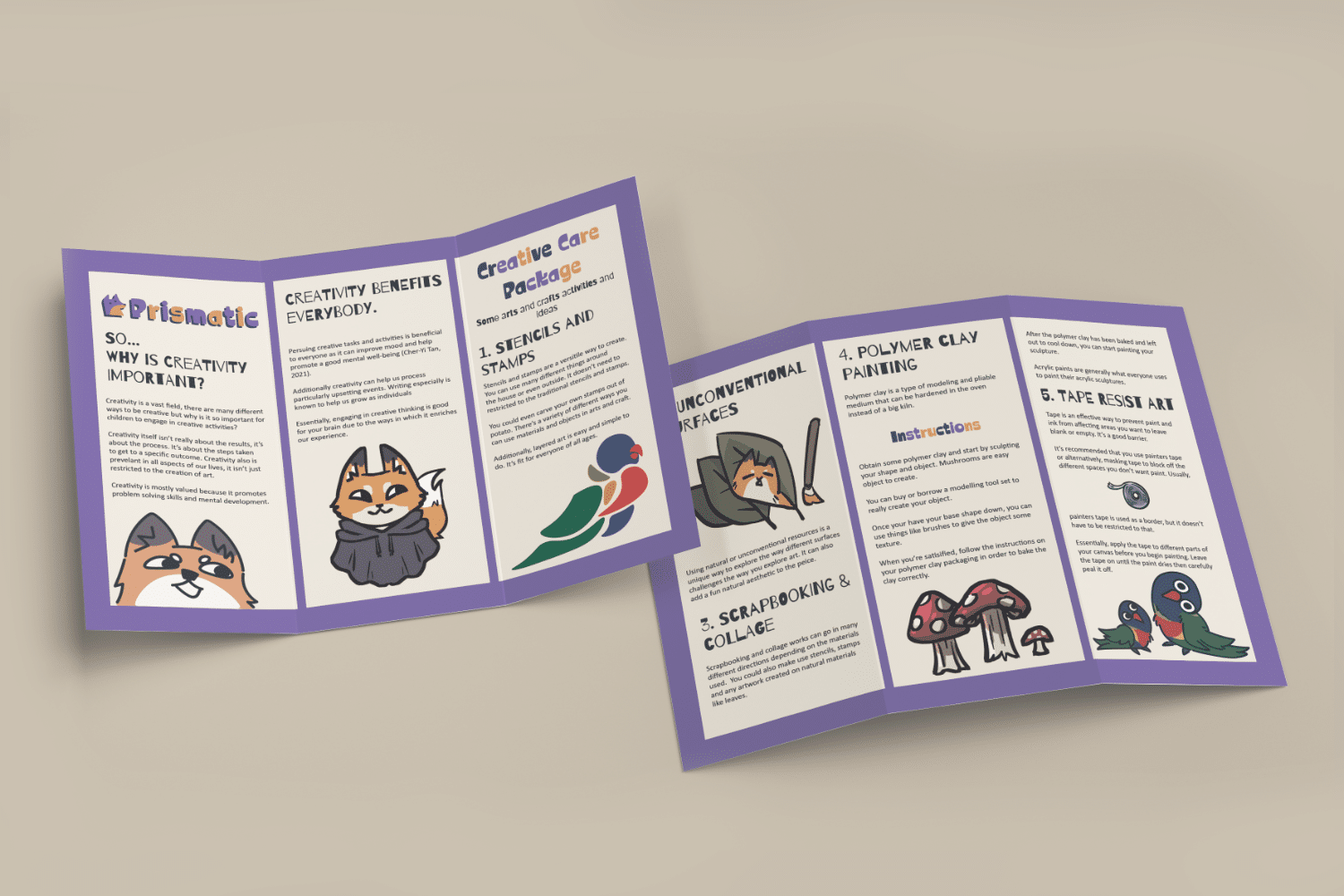 A mock-up pamphlet that describes different creative activities.