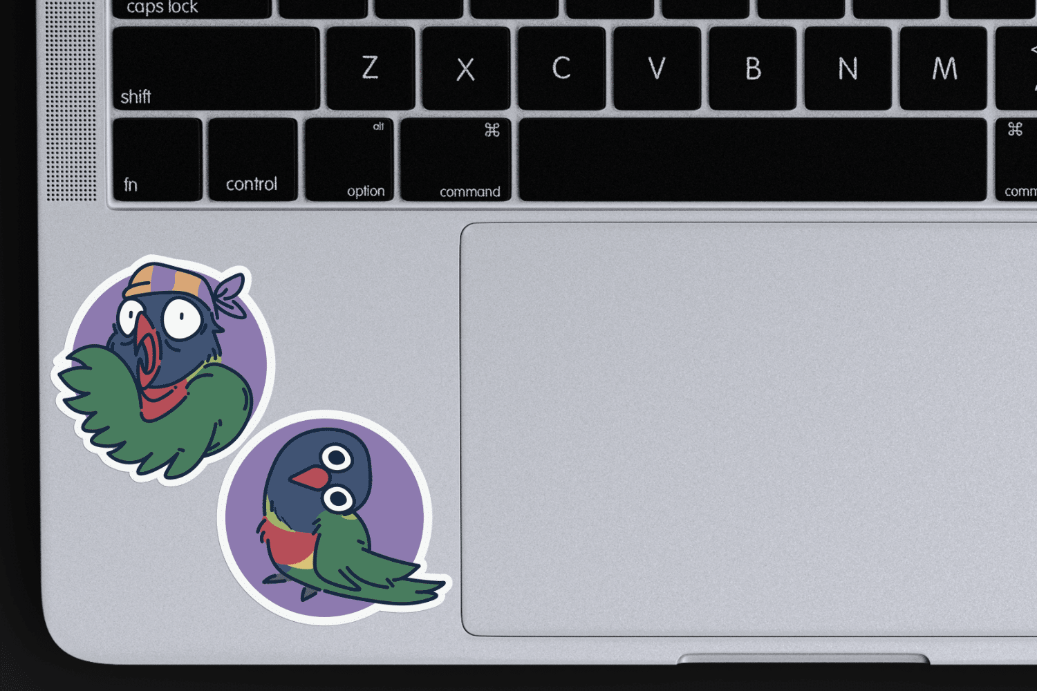 Stickers featuring birds on a laptop.