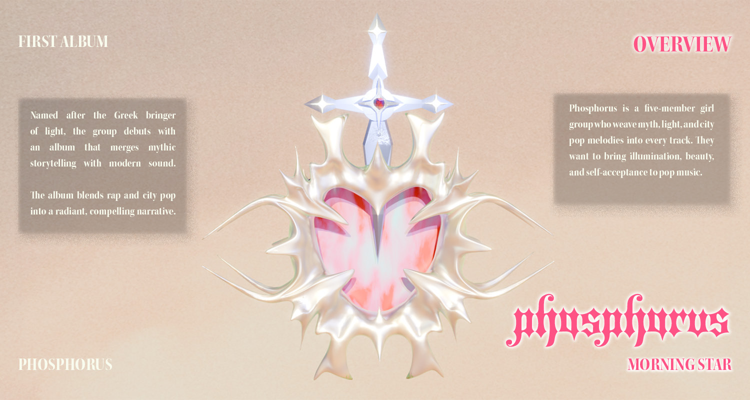 Promotional poster for *Phosphorus: Morning Star* featuring a glowing pearl-like heart encased in golden spikes with a radiant sword emerging from the top. Soft pink and beige tones create a celestial, divine atmosphere, complemented by elegant serif text describing the album’s mythic and self-acceptance themes.
