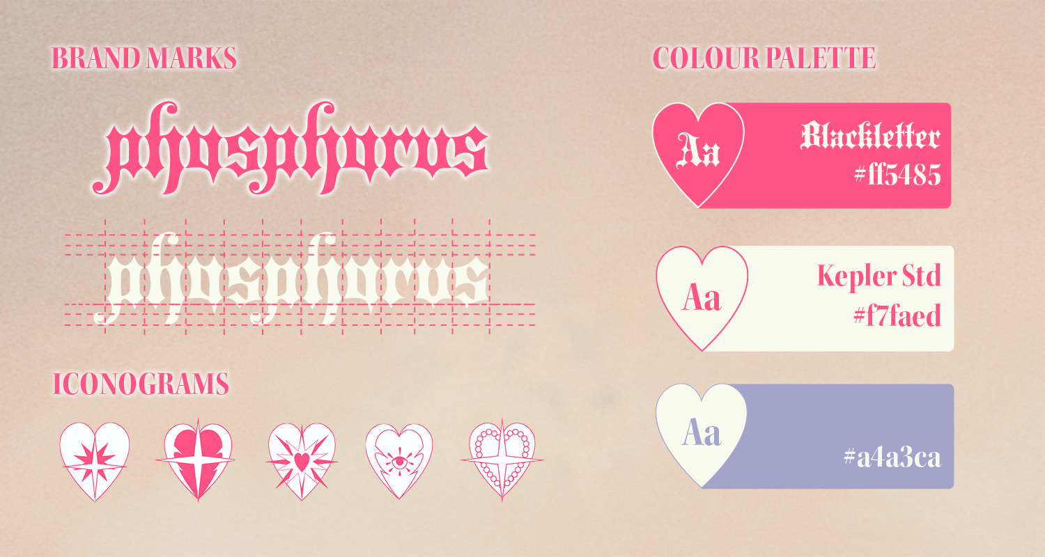 Brand identity sheet for *Phosphorus* showing two gothic-style wordmarks, a pastel colour palette in pink, cream, and lavender, and five heart-shaped icon designs featuring stars and eyes. The layout blends elegant typography with mythic, feminine motifs to express the album’s celestial and self-acceptance themes.
