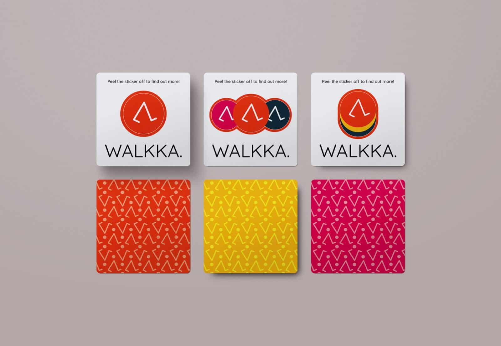 Image of a flyer-style sticker for WALKKA. When peeled, it reveals a QR code that links to the WALKKA mobile app demo.