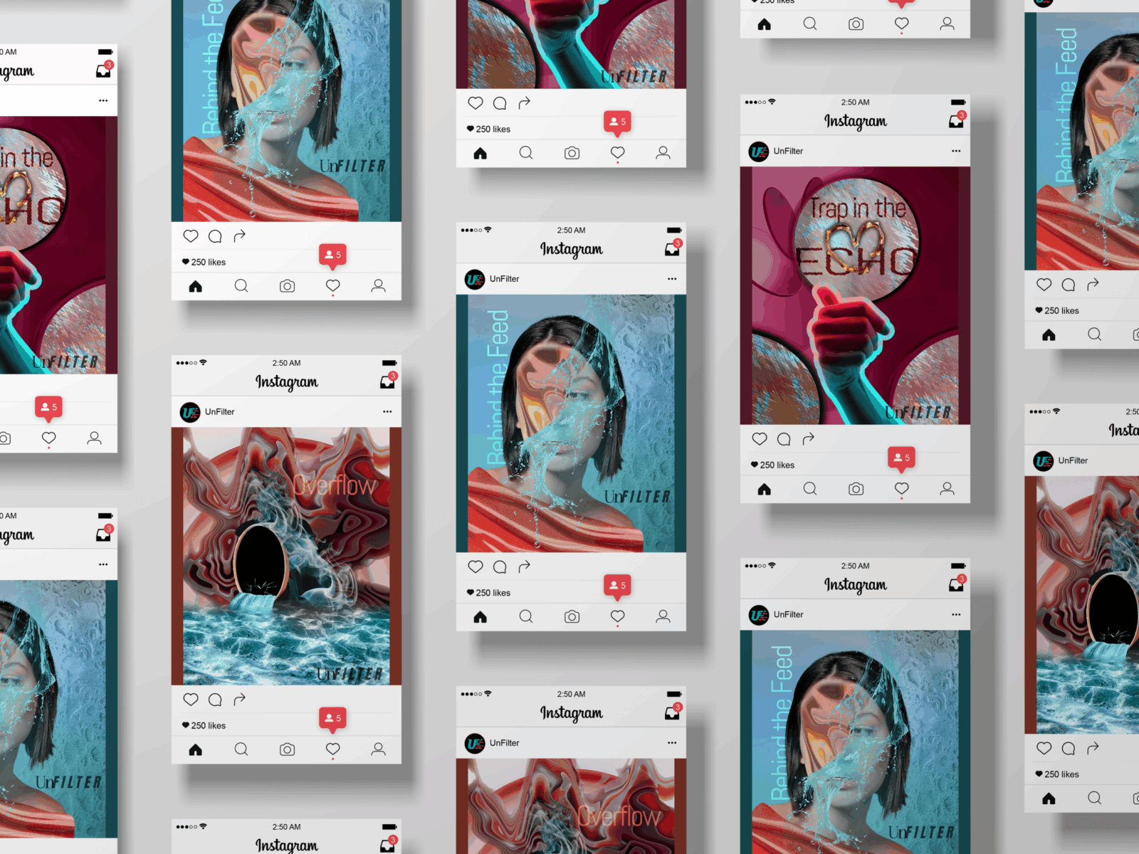 A mockup of multiple stylized Instagram posts laid out in a diagonal grid. Each post features artwork from the UnFilter campaign, with bold and surreal visuals. Three main poster themes—Behind the Feed, Trap in the Echo, and Overflow—are visible. They each use vibrant, dreamlike imagery—distorted human figures, magnifying glasses, and warped liquids — to evoke emotional, conceptual impact.