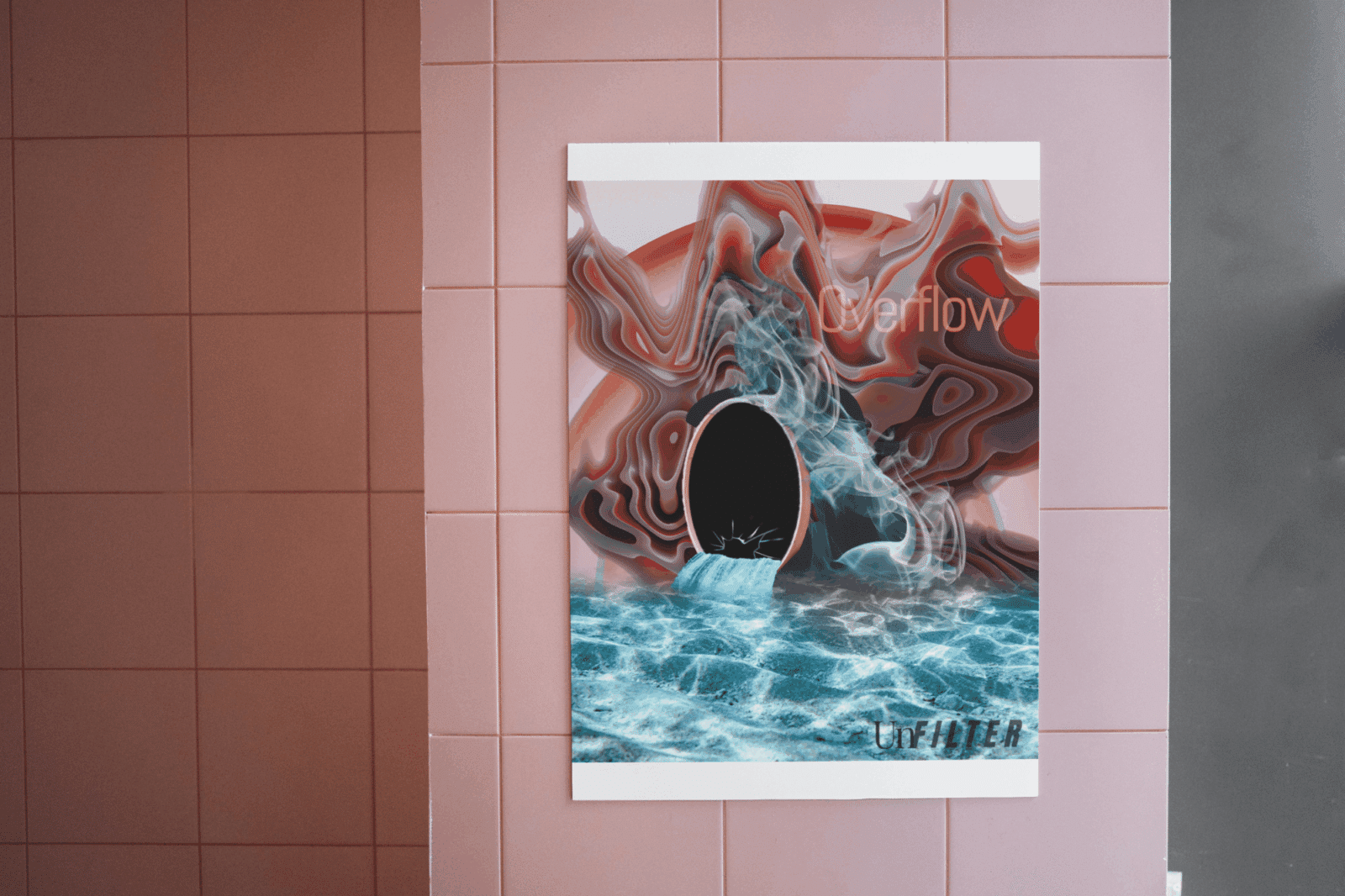 A surreal poster of a sewer-like black void overflowing with turbulent, hyper-saturated blue water, set against a red and marbled abstract background. The word “Overflow” is subtly integrated near the top, with the UnFILTER logo in the bottom corner. The poster is mounted on pink-tiled walls, contrasting the flowing water with the rigid, warm-toned setting.
