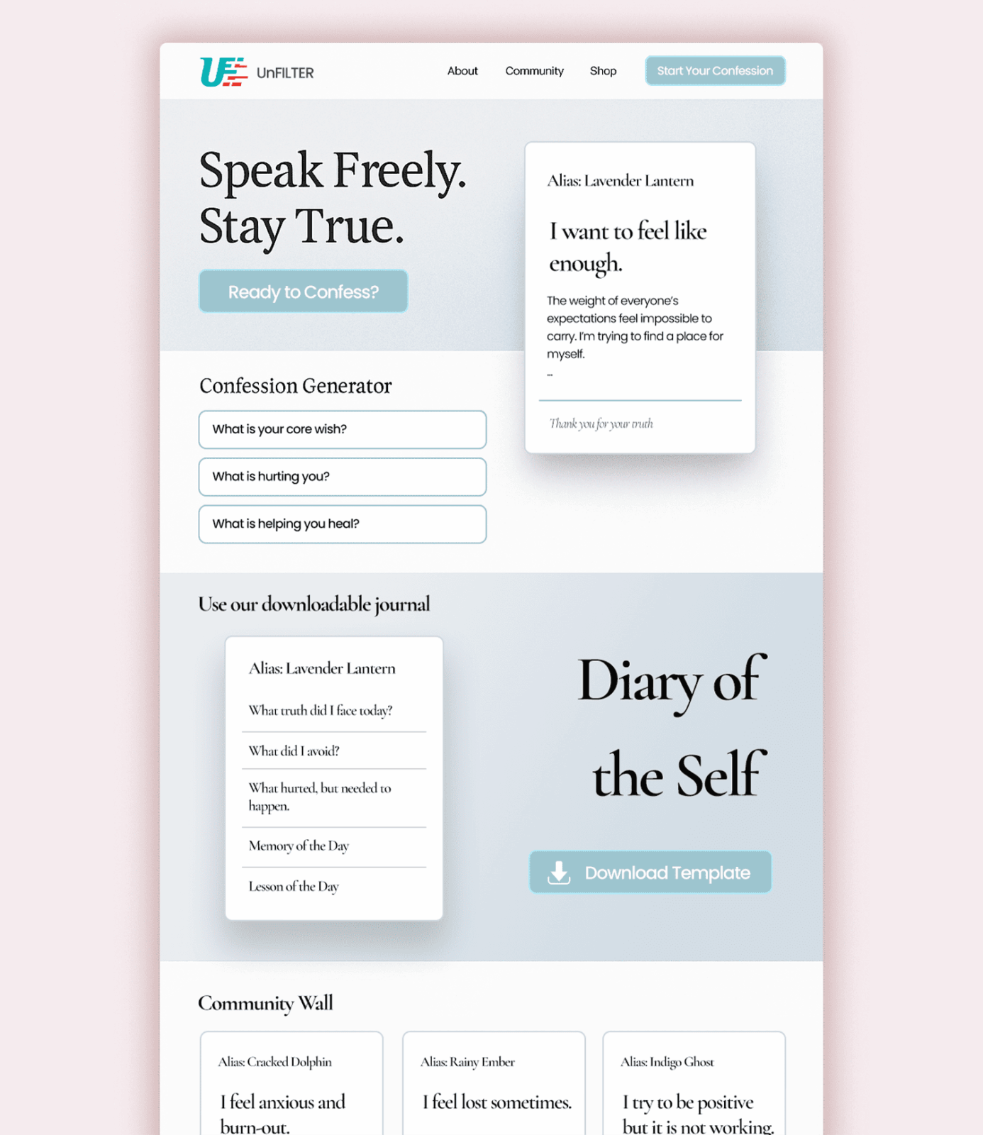 The UnFilter homepage features a soft pastel design with a calming tone. The page header includes the UnFilter logo and a navigation bar with links: About, Community, Shop, and a highlighted button labeled “Start Your Confession.”

The main banner has a large headline reading “Speak Freely. Stay True.” with a button that says “Ready to Confess?” Next to it is a digital confession card labeled “Alias: Lavender Lantern,” showing a personal reflection about feeling “enough” and overwhelmed by expectations.

Below is a Confession Generator with three prompt fields: “What is your core wish?”, “What is hurting you?”, and “What is helping you heal?”

The next section promotes a downloadable journal called “Diary of the Self.” It includes a sample journal card asking reflective prompts like: “What truth did I face today?” and “Memory of the Day.” A download button with a downward arrow is labeled “Download Template.”

The bottom section is a Community Wall showing anonymous messages submitted under different aliases, such as Cracked Dolphin, Rainy Ember, and Indigo Ghost. Each card shares short confessions of emotional struggles or feelings, creating a safe space for expression.

The layout is responsive and clean, using soft pink, sky blue, and muted cream colors with rounded cards and a gentle drop shadow for a comforting, supportive atmosphere.