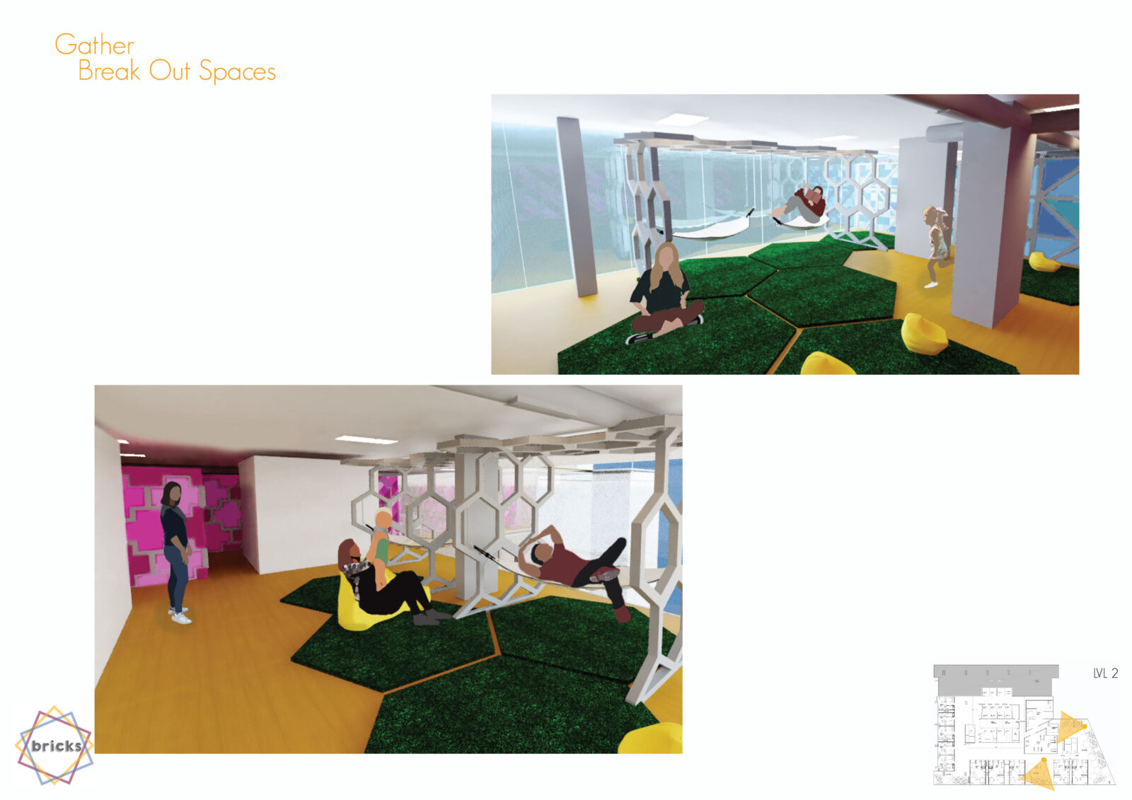 Image 1 - hexagonal astro-turf rugs on the floor, yellow beanbags scattered around. Two hammocks hang from a frame made up of repeating hexagons. Full height windows create the background. A teen is sitting on one of the rugs to the left, a lady is lying on a hammock reading a book and a young girl runs over. 
Image 2 - hexagonal astro-turf rugs on the floor, yellow beanbags scattered around. Two hammocks hang from a frame made up of repeating hexagons. A mum with her baby sit and play on a bean bag. A dad is lying on the hammock closest to the camera. A lady walks by in the background. The wall in the background are a mosaic of pink and purple crosses.