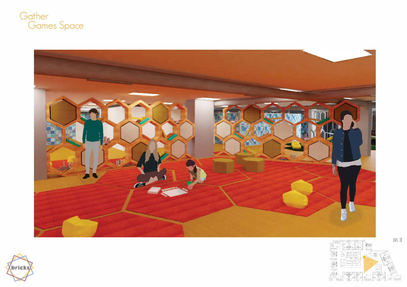 Blood orange, hexagonal rugs are on the floor. Hexagonal shaped timber shelves make the background. Board games and books fill the shelves. Yellow bean bags are scattered on the rugs. A teen and younger sister sit on the floor in the centre of the image play a board game. A man is looking at what is on the shelves to the left of the image. And a lady walks by on the left.