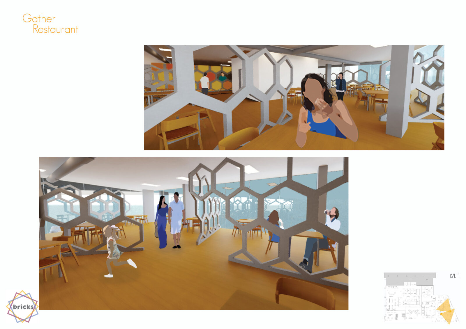 Image 1 - Point of view sitting at a table, a lady is sitting across from you. Hollow hexagonal frames separate the tables.
Image 2 -  Perspective looking towards the windows. Hollow hexagonal frames separate the tables. A child walks by on the left, and a couple is leaving their table in the centre.