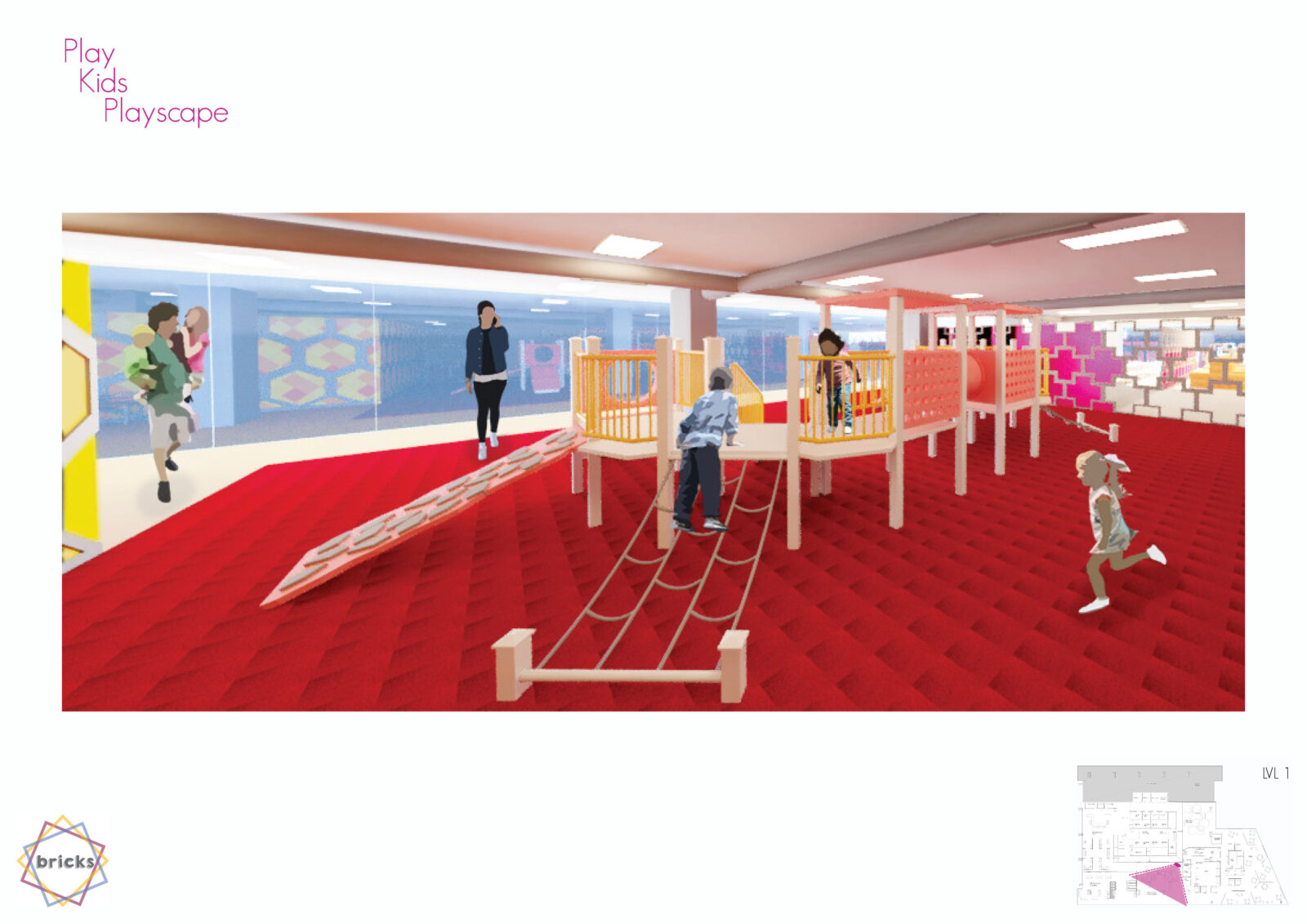 The kids play scape is an indoor playground. The hand rails are pale yellow and pink. Red rubber floor matting is used. Full height windows are at the back of the playscape. Cross shaped frames with pink plexi-glass is in the background to the right. Three children play on and around the playground. A mum is on the phone supervising her child and a dad carrying two kids is walking towards the playground from the left.