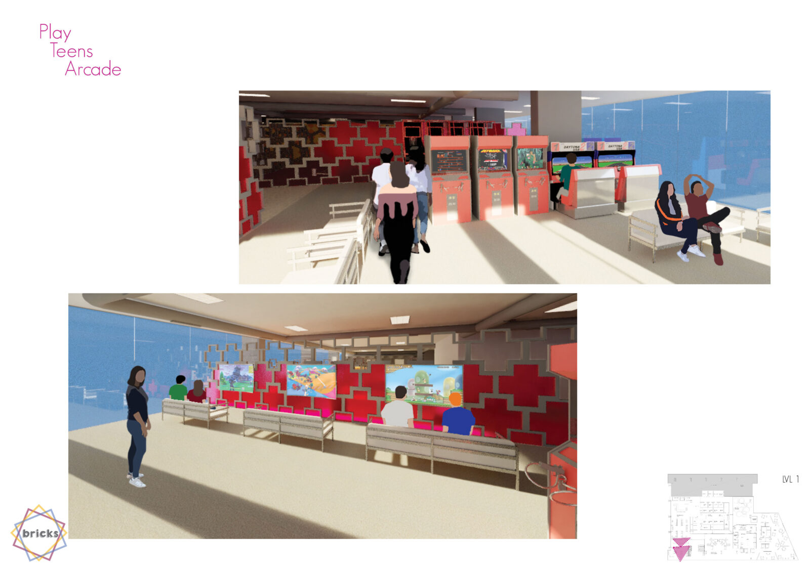 Image 1 - Three teens walking past the arcade game. There are couches to their left. A girl and boy sit on a couch to the right playing a console game. Full height windows are next to them. Cross shaped frames with pink plexi-glass is in the background.
Image 2 - Three couches in a line facing three large tv screens mounted on cross shaped frames with pink plexi-glass. A teen is walking over to the centre couch to play a game. The other two couches have two players already sitting.