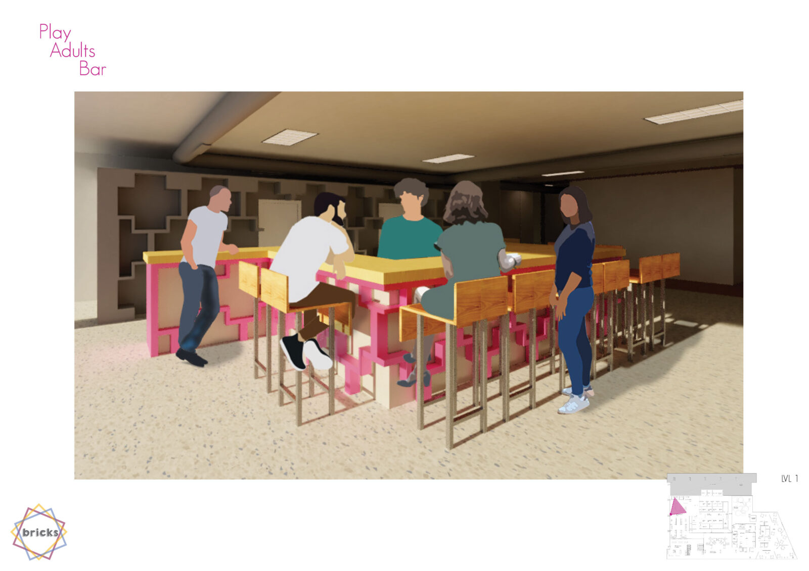 The service point has a standing height timber bench. There are pink cross decals on the front of the bar. Cross shaped shelves behind the bar. Low back stools go around the front of the bar. A man is standing and leaning on the left end of the bar. Another man is sitting on a stool talking to the bar tender. A woman is sitting at the corner across from the bar tender, she is talking to another woman who is leaning on a bar stool.