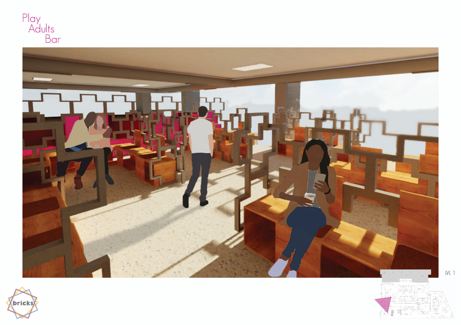 Timber box looking seating with steel cross shaped frames creating high seat backs. Full height windows surround the space. A woman is sitting in the foreground looking at her phone. A man walks past and a couple are sitting off to the left.