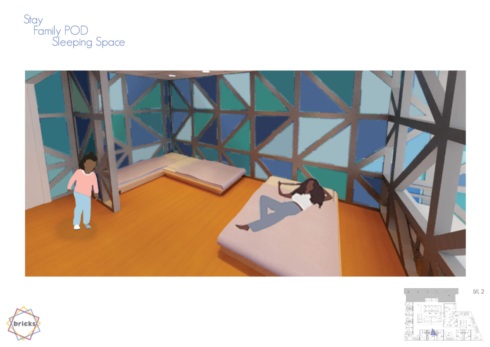 The sleeping space has two single beds that create an L shape. A double bed is about a meter away from the foot of the single bed. The walls are a mosaic of blue triangles. A lady is lying on the double bed, and a toddler is walking past the single beds.
