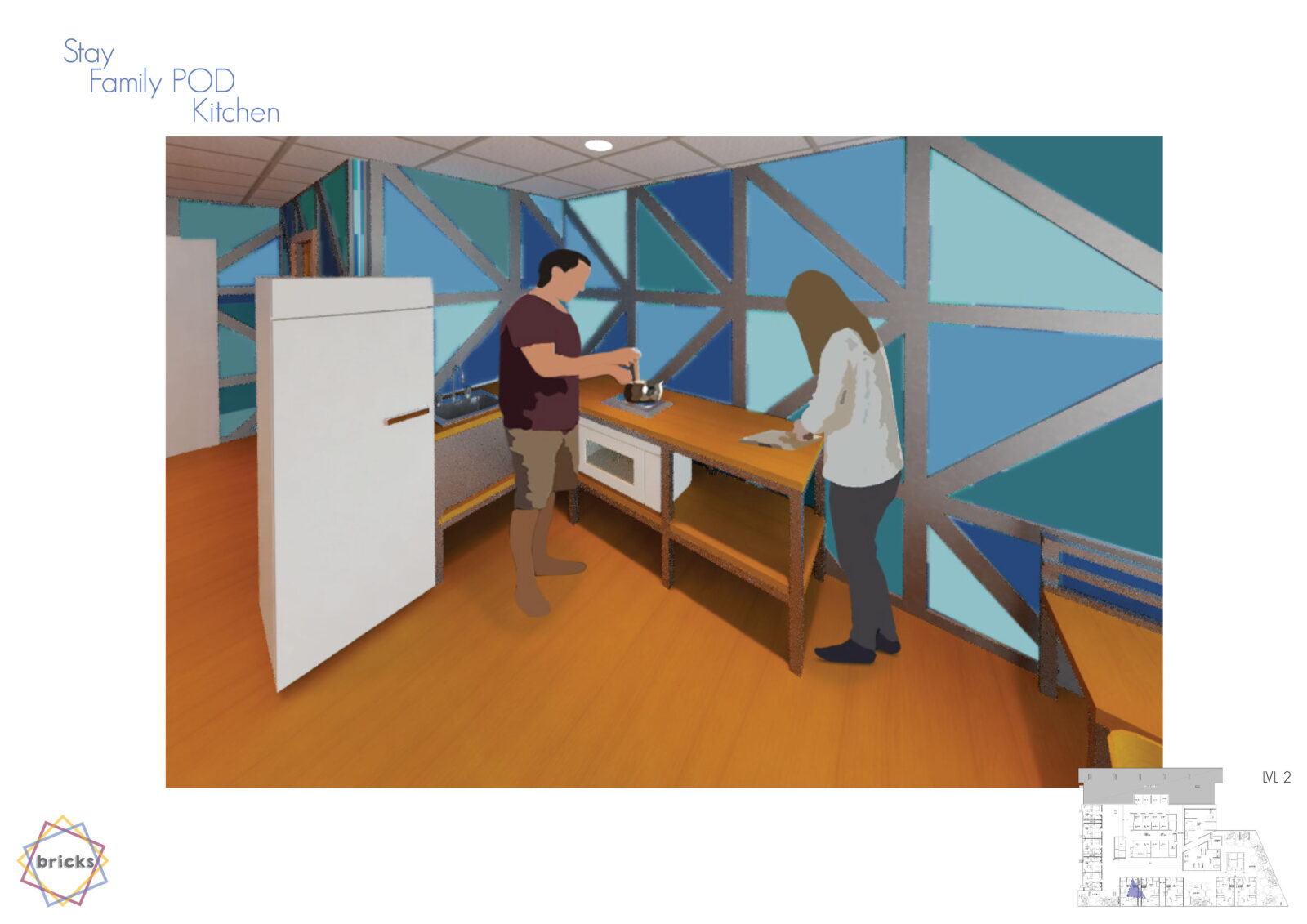 The kitchenette has a small fridge, sink, microwave, single pot stove and bench space. The bench is made of a steel frame and has a timber bench top. A man and woman are cooking in the kitchen. The walls are a mosaic of blue triangles.