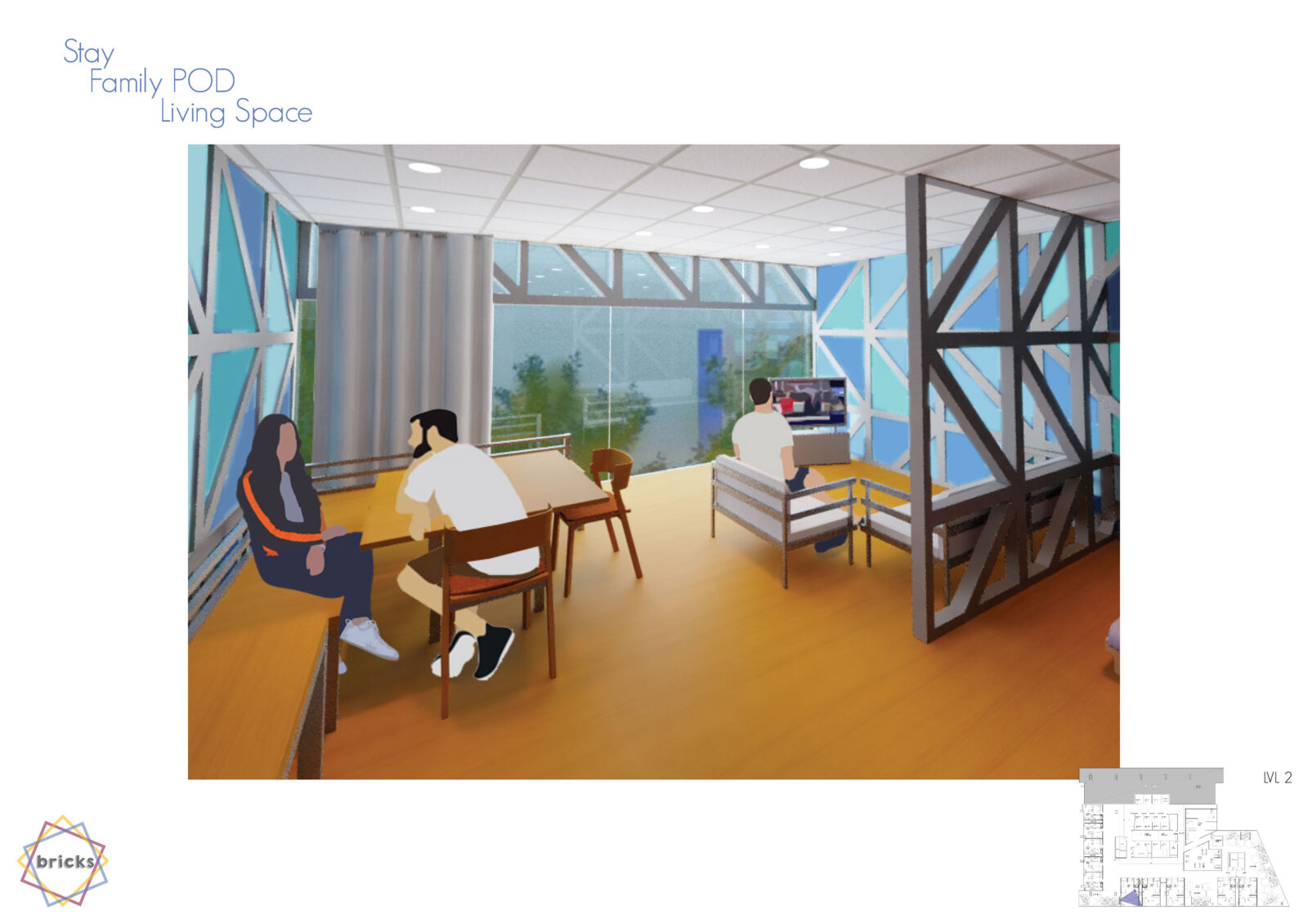 Perspective view of living space. Corner style bench seat and table to the left with a man and woman sitting at the table. To the right is the lounge space which has a two seater couch and armchair in front of a tv. The walls are a mosaic of blue triangles. There is a large window in back of the room.