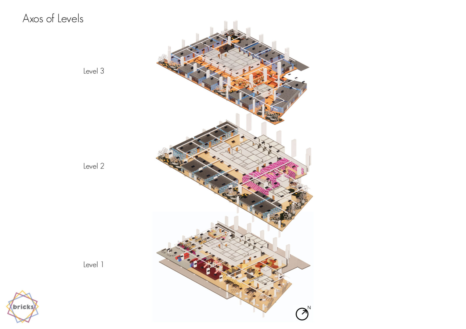 Exploded view of all three levels starting with level 3 at the top, level 2 in the middle and level 1 at the bottom.
